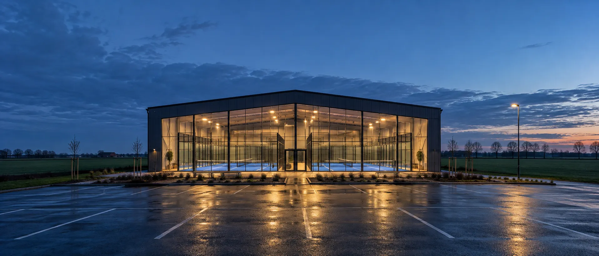 Symbolische Ansicht einer beleuchteten Padelhalle am Abend