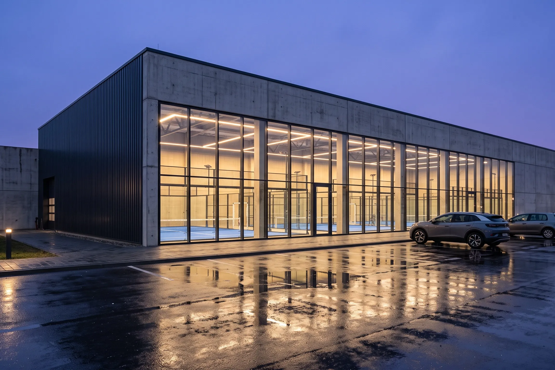 Symbolische Padelhalle am Abend