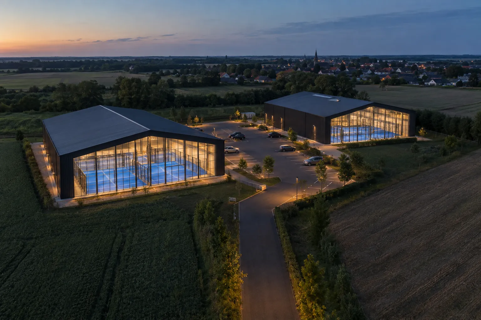 Symbolische Luftaufnahme von Padelhallen am Abend