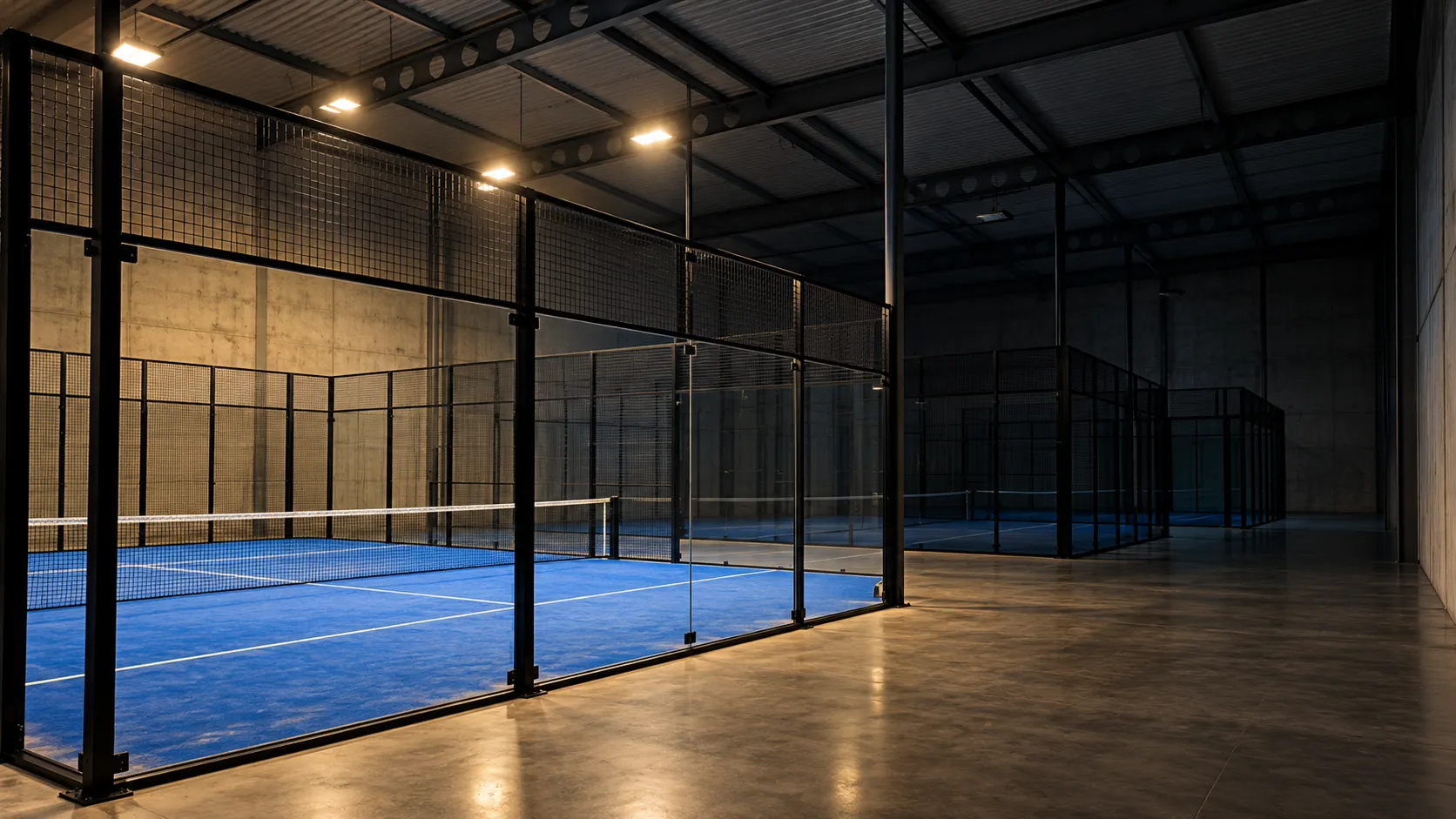 Symbolische Padelhalle, in der ein Court beleuchtet ist