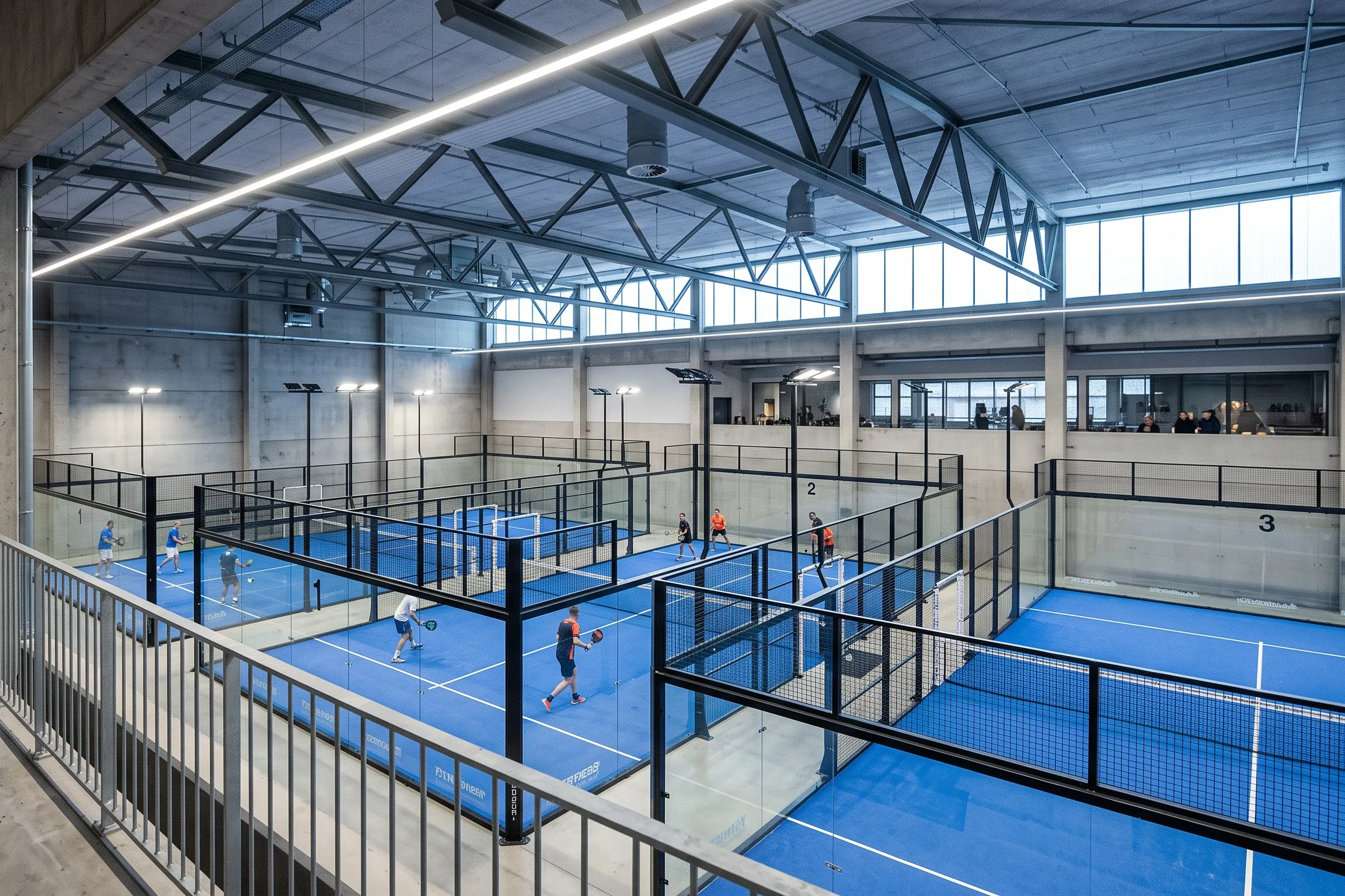 Symbolische Innenansicht einer Padelhalle mit mehreren Courts
