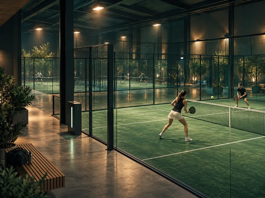 Illustration einer Padelhalle mit drei Courts und Spielenden