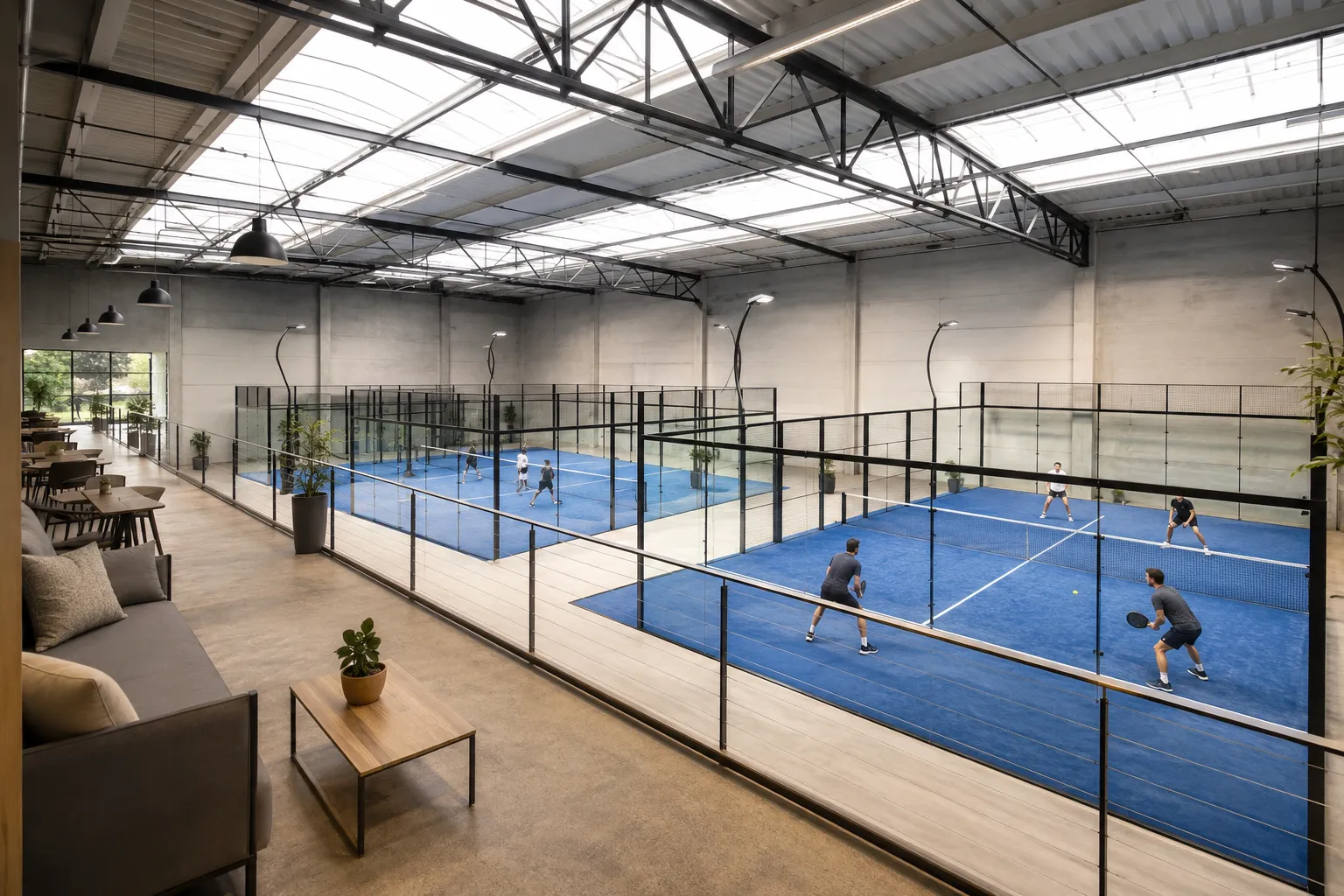 Symbolische Innenansicht einer Padelhalle mit zwei Courts